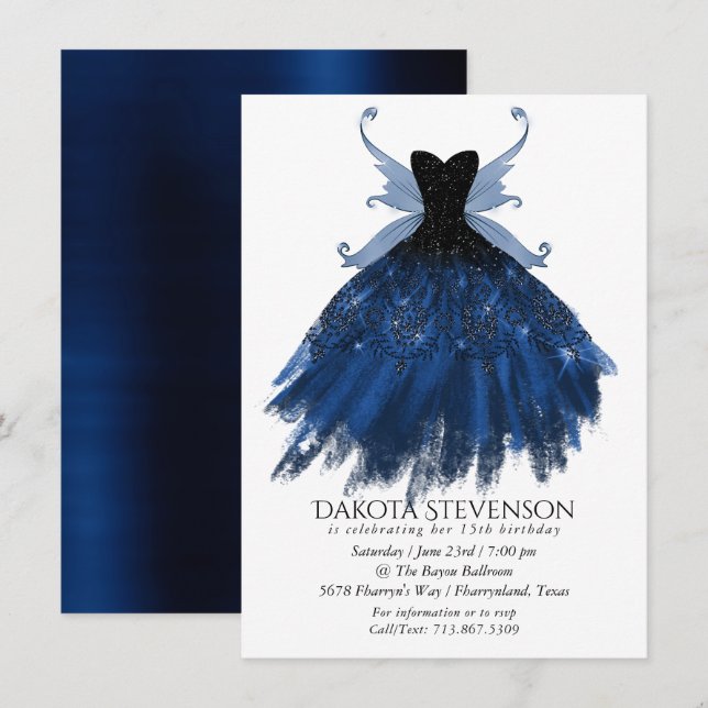 Gothic Fairy Navy Gown | Deep Cobalt Blue Sheen Einladung (Vorne/Hinten)