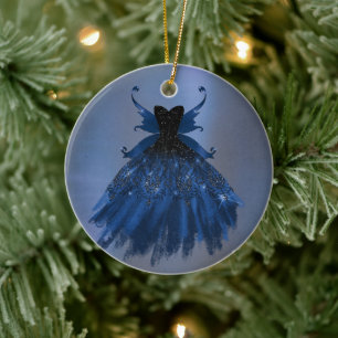 Gothic Fairy Navy Gown   Deep Cobalt Blue Sheen Keramik Ornament