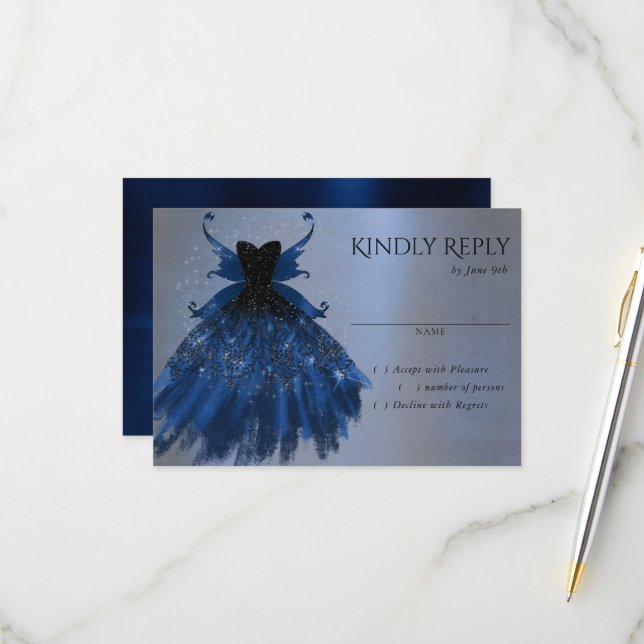 Gothic Fairy Navy Gown | Deep Cobalt Blue Sheen RSVP Karte (Vorderseite/Rückseite Beispiel)