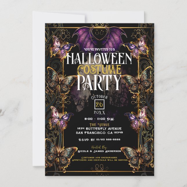 Gothic Fairytale Butterfly & Bat Halloween-Party Einladung (Vorderseite)