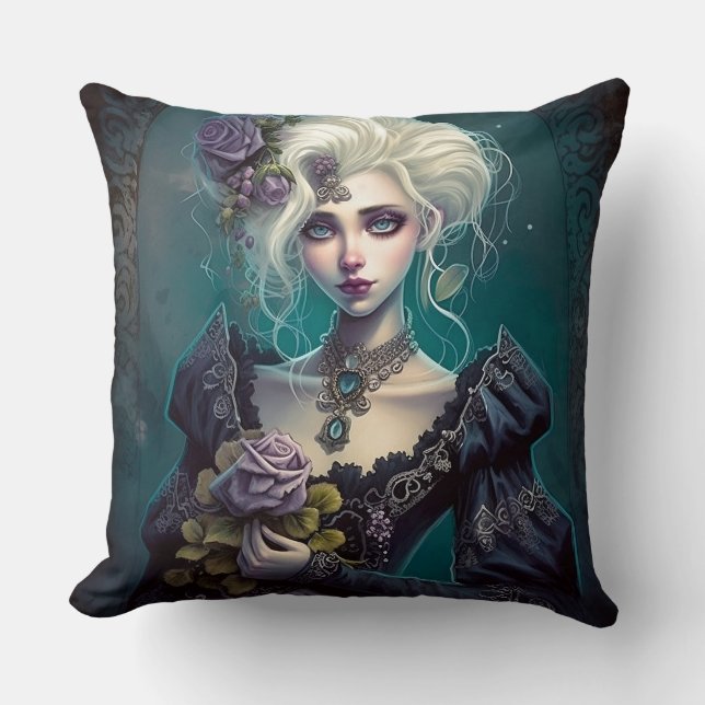 Gothic Fantasy Girl with Lavender Blume Pillow Kissen (Vorderseite)