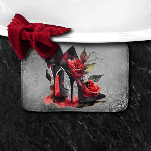 Gothic Fashionista Rote Bottom Stilettos mit Rose Badematte