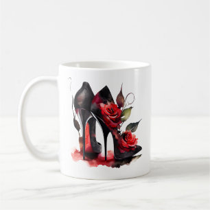Gothic Fashionista Rote Bottom Stilettos mit Rose Kaffeetasse