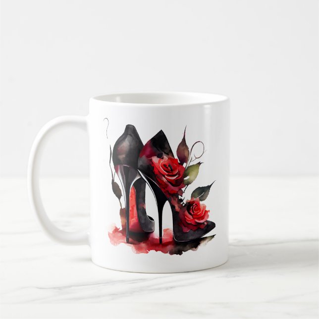 Gothic Fashionista Rote Bottom Stilettos mit Rose Kaffeetasse (Links)