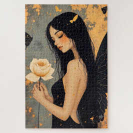 Gothic-Feenkönigin mit weißen Flügeln und Rose Puzzle