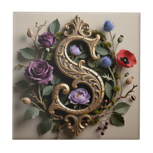 Gothic Floral Antique Gold Letter S Fliese (Vorderseite)