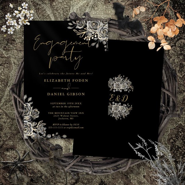 Gothic Floral Black and Gold Engagement Party Einladung (Gothic Floral Black And Gold Engagement Party Invitation)