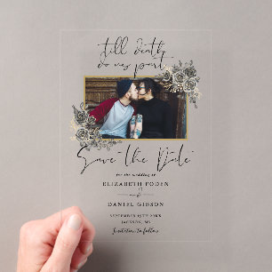 Gothic Floral Foto Hochzeit speichern das Datum Acryleinladungen