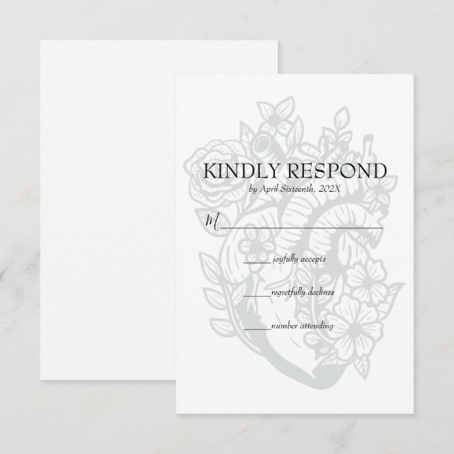 Gothic Floral Heart Spooky White Wedding RSVP Card Karte (Vorne/Hinten)