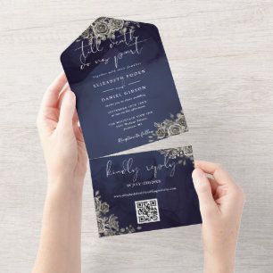 Gothic Floral Midnight Blue QR Code Wedding All In One Einladung