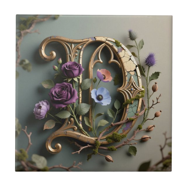 Gothic Floral Patina Gold Letter D Fliese (Vorderseite)