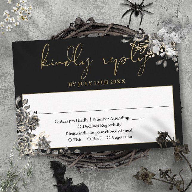 Gothic Floral Rose Black and Gold Hochzeit RSVP Karte (Gothic Floral Roses Black And Gold Wedding RSVP Card)