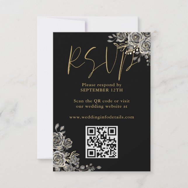 Gothic Floral Rose Black and Gold Wedding QR Code RSVP Karte (Vorderseite)