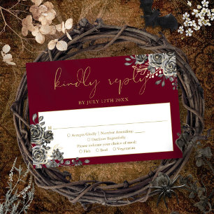 Gothic Floral Rose Burgund und Gold Hochzeit RSVP Karte