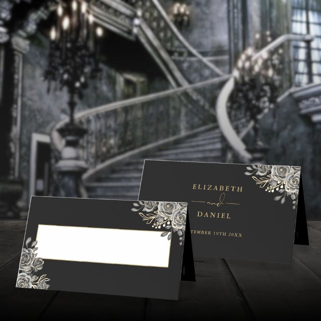 Gothic Floral Rose Schwarz und Gold Hochzeit gekla Platzkarte (Gothic Floral Roses Black And Gold Wedding Folded Place Card)