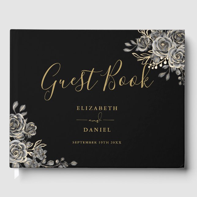 Gothic Floral Roses Black And Gold Photo Wedding Gästebuch (Vorderseite)