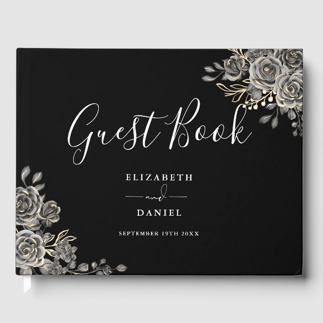 Gothic Floral Roses Black And White Photo Wedding Gästebuch (Vorderseite)