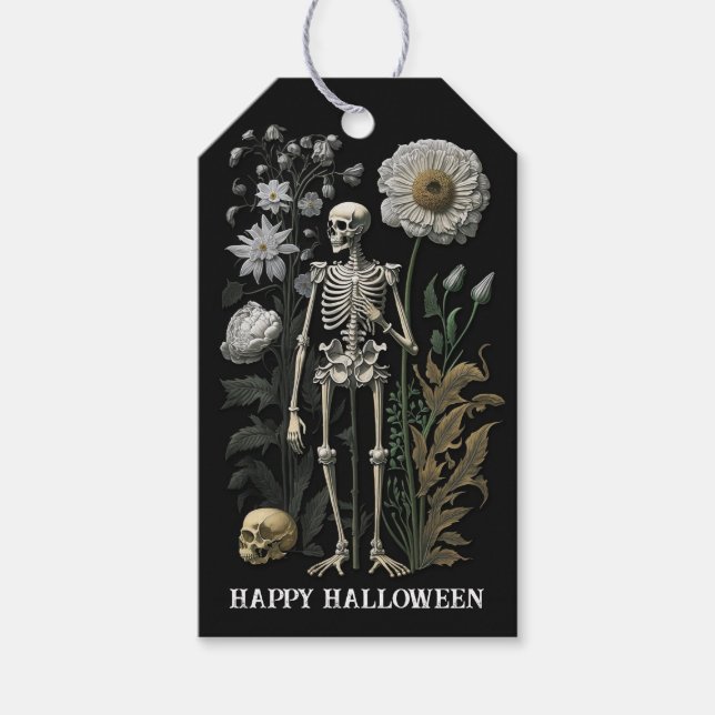 Gothic Floral Skeleton | Dark Vintag Halloween Geschenkanhänger (Vorderseite)