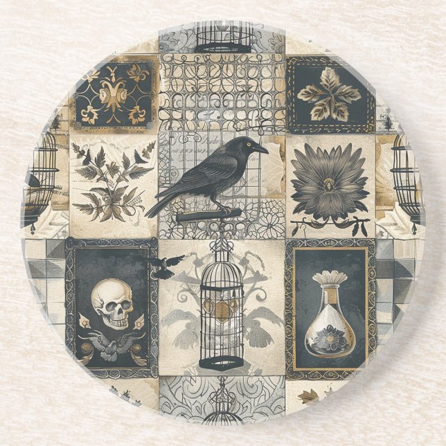 Gothic Floral Skull and Raven Pattern Getränkeuntersetzer (Vorne)