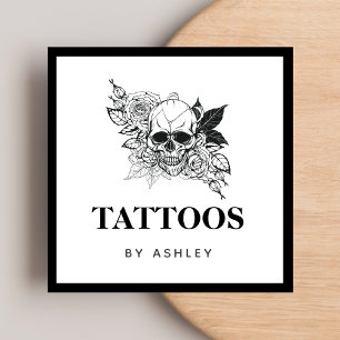 Gothic Floral Skull Black & White Tattoo Artist Quadratische Visitenkarte
