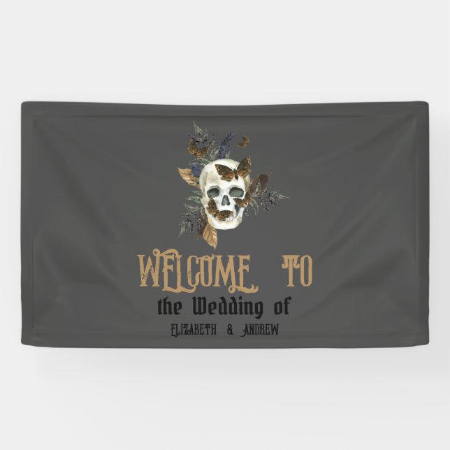 Gothic Floral Skull Butterflies Hochzeit Banner (Horizontal)