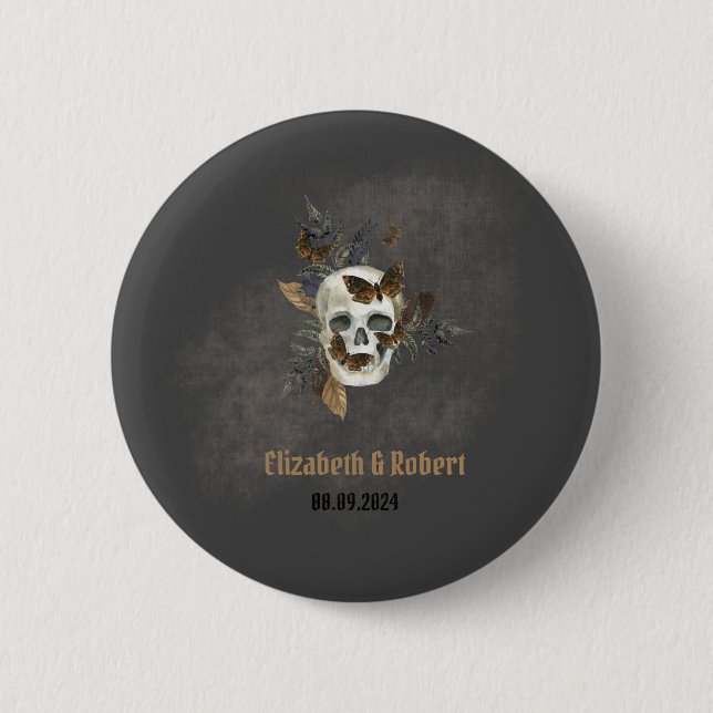 Gothic Floral Skull Butterflies Hochzeit Button (Vorderseite)