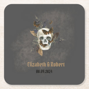 Gothic Floral Skull Butterflies Hochzeit Rechteckiger Pappuntersetzer