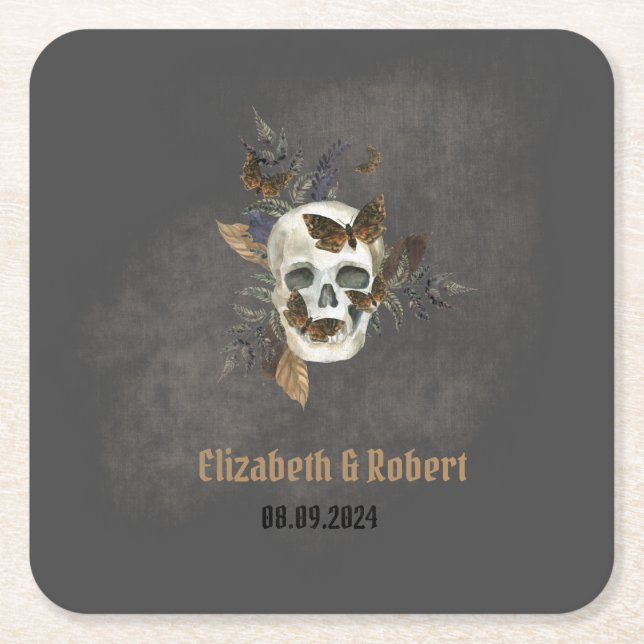Gothic Floral Skull Butterflies Hochzeit Rechteckiger Pappuntersetzer (Vorderseite)