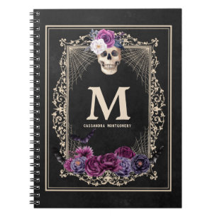 Gothic Floral Skull Custom Monogram & Name Black Notizblock
