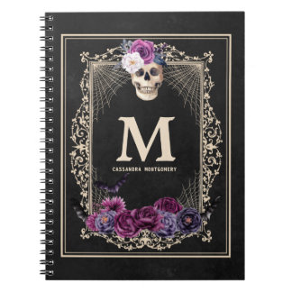 Gothic Floral Skull Custom Monogram & Name Black Notizblock