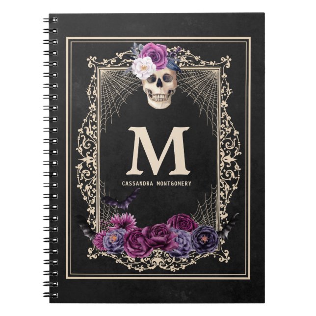 Gothic Floral Skull Custom Monogram & Name Black Notizblock (Vorderseite)