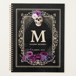 Gothic Floral Skull Custom Monogram & Name Black Planer
