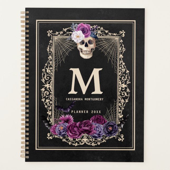 Gothic Floral Skull Custom Monogram & Name Black Planer (Vorderseite)