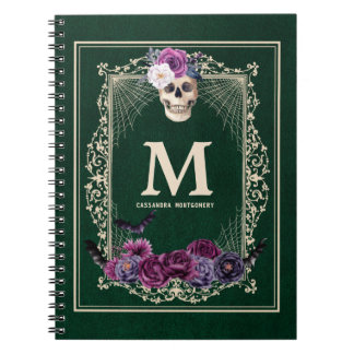 Gothic Floral Skull Custom Monogram & Name Green Notizblock