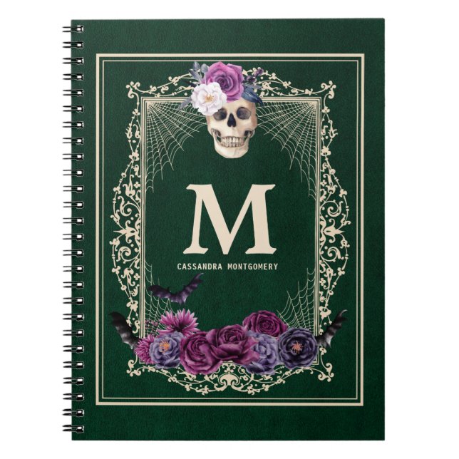 Gothic Floral Skull Custom Monogram & Name Green Notizblock (Vorderseite)