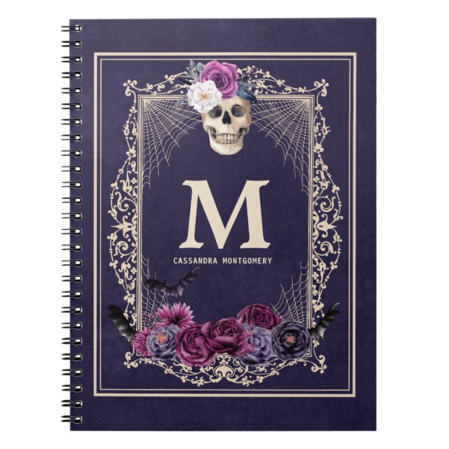 Gothic Floral Skull Custom Monogram & Name Navy Notizblock (Vorderseite)