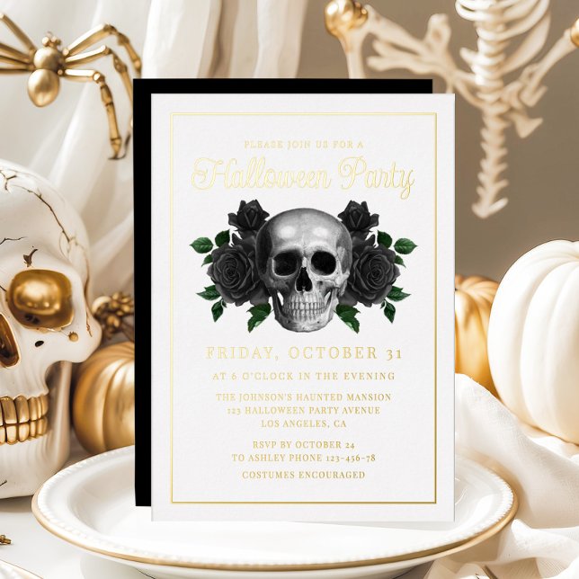Gothic Floral Skull Halloween Gold Folieneinladung (Gothic Floral Skull Halloween Gold Foil Invitation)