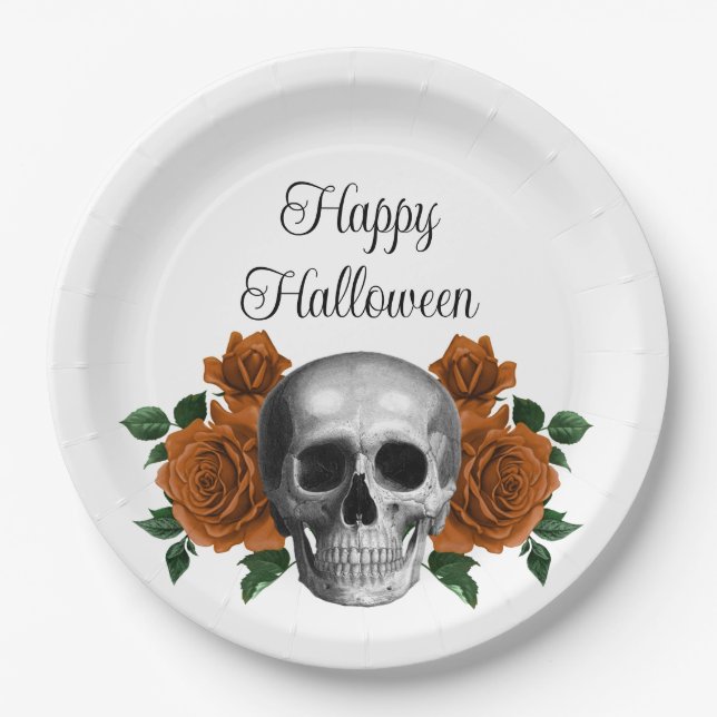 Gothic Floral Skull Happy Halloween Pappteller (Vorderseite)
