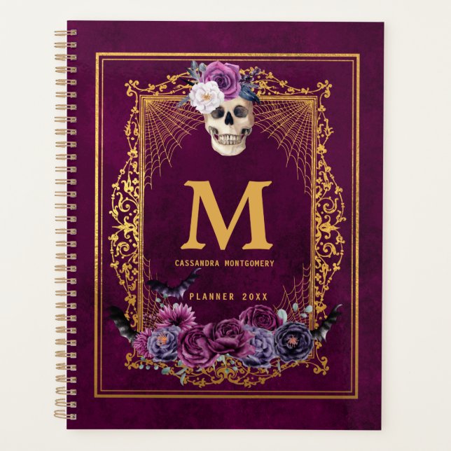Gothic Floral Skull Magenta Custom Monogram Name Planer (Vorderseite)
