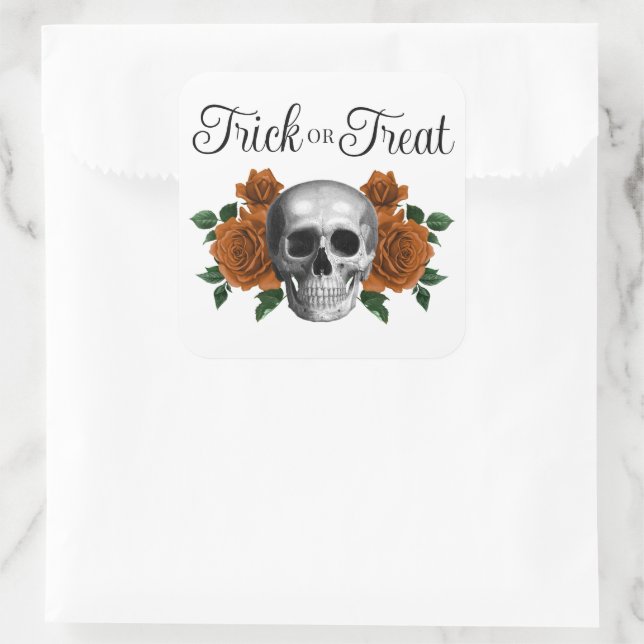 Gothic Floral Skull Trick Or Treat Halloween Quadratischer Aufkleber (Tasche)