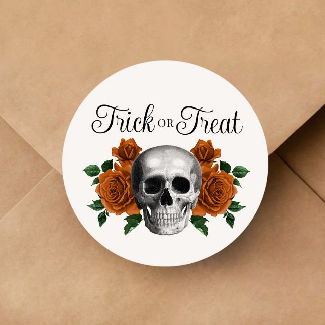 Gothic Floral Skull Trick Or Treat Halloween Runder Aufkleber (Gothic Floral Skull Trick Or Treat Halloween Classic Round Sticker)