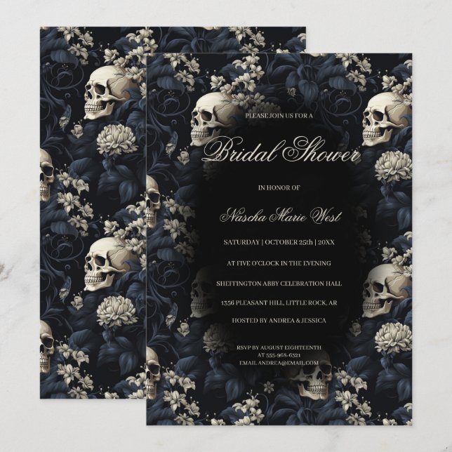 Gothic Floral Skulls Moody Dark Brautparty Einladung (Vorne/Hinten)