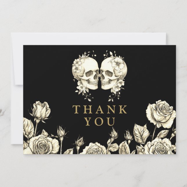 Gothic Floral Skulls Wedding Black And Gold Dankeskarte (Vorderseite)