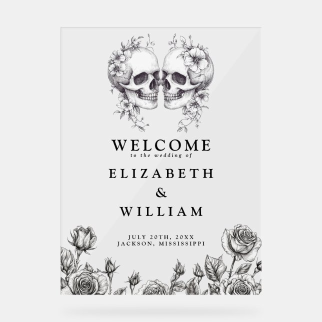 Gothic Floral Skulls Wedding Welcome Acrylschild (Vorderseite)