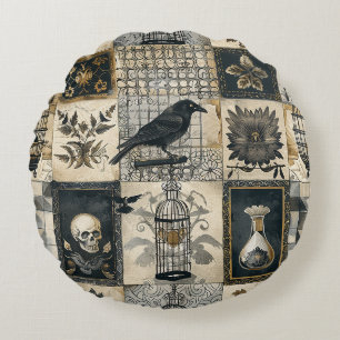 Gothic Floral Totenkopf und Raben Muster  Rundes Kissen