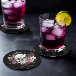 Gothic Floral Watercolor Skull Wedding Monogram Runder Pappuntersetzer