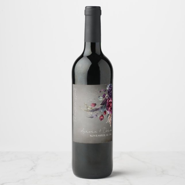 Gothic Floral Watercolor Wedding Wine Label Weinetikett (Vorderseite)