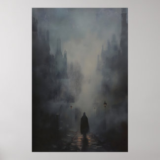 Gothic Foggy Street Art Painting, Dark Academia Poster