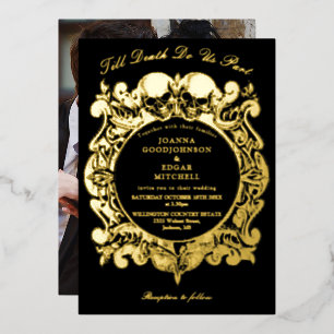 Gothic-Foto-Hochzeit Schwarz und Gold bis zum Tod Folieneinladung