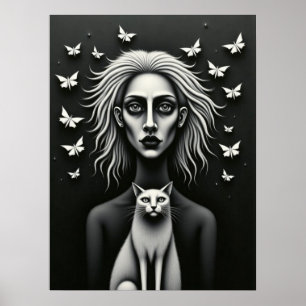 Gothic-Frau Schmetterlinge und Katze Dunkle Surrea Poster